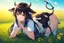 Placeholder: Girl, cow tail, cow horns, cow ears,field, dark hair