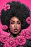 Placeholder: create a comic book style image with exaggerated features, 2k. cartoon image of a plus size black female looking off to the side with a large thick tightly curly asymmetrical afro. Very beautiful. With hot pink large flowers
