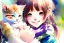 Placeholder: A cute smiling manga girl is holding a kitten. Watercolour