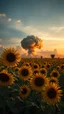 Placeholder: A field of sunflowers at the end of the picture in the background a huge nuke explosion