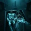 Placeholder: Hyper Realistic Photographic Middle Top Angle Shot Of A Dead Married Couple (Man Skeleton In White Tuxedo & White Pant And Woman Skeleton In White Bride Gown) Lying In A Coffin With Their Skeletons, in A Spooky Cemetery At Dark Foggy Night Showing Dramatic And Cinematic Ambiance.