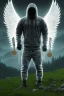 Placeholder: running berserker portrait , no face, black jogging suite , in the night Alps , holding bitcoin , angels background, volumetric gold light, high detail, dark leaf tree, dark mountains in background, perfect