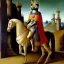 Placeholder: oil painting of a beautiful symmetrical cat with armor,wearing crown, Riding a pony, XV century, by El Bosco, Leonardo da Vinci, Goya 8k