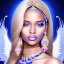 Placeholder: portrait of a beautiful somalian woman with an angel face smiling,long blond hair, blue eyes, pink and blue dress, jewels, soft light aura