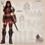 Placeholder: character concept sheet with AD&D statistics and characteristics, [Conan The Barbarian' (1982)] humid jungle forest] thin rainbow female alien warrior tattooed with binoculars and red rubis for eyes leather boots and agent provocateur vivid microchip armour she is supercharged with heavy weapon warfare (Retrofuturism: Where Yesterday’s Tomorrow Still Shines on the foggy battlefield) ready to kill with no inhibitions