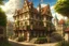Placeholder: tall, slim, woman, with wings, and scales, large medieval gothic inn, with a balcony, next to a sloping, cobbled road, surrounded by trees with dense foliage, photo-realistic