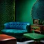 Placeholder: Detailed cozy odd furniture made of modeling clay, naïve, TV studio 1950's shot, Italian 1960's design, extreme detail, Max Ernst, green and blue, rich moody colors, sparkles, hypnotic