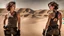 Placeholder: beautiful slender caucasian female technician with a knife, black tank top, well toned muscles, weathered face, scratched sand camo metal details, short brunette wavy bob haircut, dystopian, desert scene with smoke and explosions