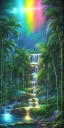 Placeholder: Triipy rainbow turquoise neon waterfall with palm trees sparkling at night in a cave detailed realistic glowing