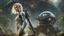 Placeholder: Wide-angle, full body of a woman, with straight blond hair, dressed like a robot, with equipment in her hands, next to a crashed spaceship, on an alien jungle world in the multiverse