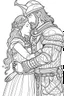 Placeholder: Fantasy coloring page, minimal detail. HD. Woman embracing a male knight with a beard