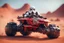 Placeholder: lowpoly storm trooper bear driving highly symmetric metallic rocket propelled mad max ATV that looks like a helmet with rounded glass bubble roof in red desert, bokeh like f/0.8, tilt-shift lens 8k, high detail, smooth render, down-light, unreal engine, prize winning