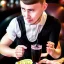 Placeholder: Russian guy young boy short man's haircut men's face boyish features female figure in black girlish lacy cocktail dress in restaurant