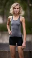 Placeholder: anorexic beautiful girl, age 21, total shot, short silver triathlon swimsuit, blonde wavy bob haircut, blurred background