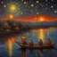 Placeholder: Starry night with Yellow colours and red colours and orange colours, People fishing, painting