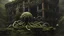 Placeholder: Surreal floating alien balls with tentacles, rampant foliage, vines, and moss, next to a derelict alien building, photorealistic