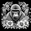 Placeholder: black and white gorilla between seeds and big flowers. black background. for a coloring.