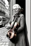 Placeholder: One single mature cat lady playing violin on the street, Vienna, fiacre, friendly, model style, hyper realistic, extremely accurate, delicate, extremely detailed, Graphic novel style, wide-angle, open aperture, superfine pencil