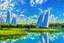 Placeholder: Sunny Day, futuristic buildings near the tree and lake zone, sci-fi, realistic vision, impressionism painting