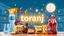 Placeholder: A beautiful design with the word "toranj" in the middle, surrounded by supermarket items such as mineral water, soda, chips, puffs, cakes, chocolate, Nutella packets, chewing gum, soda, and ketchup, with an orange, moon, blue, and white color theme, with light, wonder, and charm.