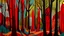 Placeholder: A dark red forest with warped trees painted by Stuart Davis