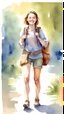 Placeholder: Watercolor color PAINTING of A TRAVELER YOUNG LADY FULL FIGURE , BACKPACK,HAPPY . perfect face