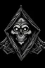 Placeholder: rat fink skeleton in a black hooded cloak drawn in a retro mascot style, inside a light diamond shape on a black background, monochromatic