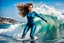 Placeholder: beautiful girl supper model, in nice body suit, with curvy hair,perfect face,perfect eyes,Surfing in huge wave,water with splash,seaside wavy sea ,blue sky nice clouds ,rocky shore