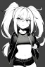 Placeholder: blonde girl with ponytails dressed in a jacket and shorts walks angry, greyscale