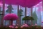 Placeholder: Fantasy dreamworks forêt maison dans les grands arbres avec champignons roses et une rivière bordée de grandes fleurs roses, lumiere volumetrique, unity engine