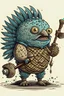 Placeholder: Pufferfish in the shape of a man holding a sledgehammer on a beach with tribal tattoos dnd character style