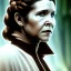 Placeholder: upper body photorealistic jedi carrie fisher in Star Wars, sharp brown eyes, photorealistic skin, dark brown jedi robe, cinematic lighting