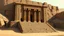 Placeholder: Digital painting of an ancient, weathered temple entrance set in a desert environment. The layout features a grand staircase leading up to three large, rectangular doorways, each framed by massive stone pillars adorned with intricate carvings and hieroglyphs. The stone structure is partially buried in sand, with visible erosion and cracks indicating its age. The color palette is dominated by earthy tones of beige, brown, and muted greens, with shadows adding depth and a sense of mystery. In the