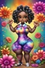 Placeholder: Create an airbrush image of a chibi black curvy female wearing a tie dye yoga outfit. Prominent make up with hazel eyes. Highly detail ombre Bantu knots. background of colorful large flowers 2k