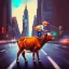 Placeholder: A one-year-old boy rides on the cow in the middle of a busy street in new york. photographic, bright colors and sunset, fantasy art, Anna Dittmann, digital painting, dan mumford, oil on canvas, jeff koons, akihito yoshida, wlop, kodachrome.