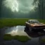 Placeholder: hyperrealistic shot, rusting and moss covered computer, earth color palette, sharp focus, puddle reflection, tire water splash, refraction, rain and lightning on the horizon, shadowcast, detailed and intricate, cinematic composition, tilt shift photography