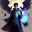 Placeholder: A 25 years boy persian in matte black robes with flaming eyes with grin with flaming light blue pupils stands atop a squire Two infinity gauntlets contain six infinity stones, one of which is made with nano In the hands of a powerful man walking While standing on a majestic height from afar With two big wings