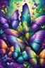 Placeholder: vibrant psychedelic oil painting image, airbrush, 64k, cartoon art image of background purple and green BUTTERFLIES , futurism style