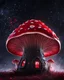 Placeholder: An illogically floating mushroom house on a clear night. white red black, Stars Dark cosmic interstellar. Detailed Matte Painting, deep color, fantastical, intricate detail, splash screen, hyperdetailed, insane depth, concept art, 8k resolution, trending on Artstation, Unreal Engine 5, color depth, backlit, splash art, dramatic, High Quality Whimsical Fun Imaginative Bubbly, perfect composition