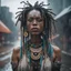 Placeholder: a woman with a clock on her face, inspired by Elsa Bleda, afrofuturism, pretty girl standing in the rain, short dreadlocks with beads, russian shaman, beeple and mike winkelmann, demobaza, connection rituals, style of the fifth element, alexander abdulov, dressed as an oracle, taken in 2 0 2 0, hippie fashion, shot with Sony Alpha a9 Il and Sony FE 200-600mm f/5.6-6.3 G OSS lens, natural light, hyper realistic photograph, ultra detailed -ar 3:2 -q 2 -s 750