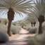 Placeholder: Pirkliy plants stretch alongside a dirt road with palm and olive trees