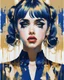 Placeholder: Poster in two gradually, a one side the Singer Danish MØ face and other side the Singer Melanie Martinez face, symmetry, painting by Yoji Shinkawa, darkblue and gold tones,