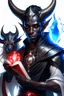 Placeholder: En Young male black skin tiefling fra dnd holding a book with Arcane Magic in a silver and White Rope. His horn a perfectly place on acet from the front to the back pointing upwards with glowing Red cat Eyes glowing Blue Arcane Magic around them ice crystals flowing around him. His close is elegant get simple. A black cat with red eyes Sitting on his Shoulder