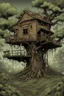 Placeholder: tree house , overgrown apocalyptic background, comic book,