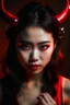 Placeholder: Beautiful devil asian girl with devil horns on her head, with brown eyes, detailed, looking at the camera, princess