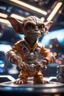 Placeholder: pen outline, really macho pimp gremlin dhalsim captain that go hard sitting in space station cockpit , in front of space portal dimensional glittering device, bokeh like f/0.8, tilt-shift lens 8k, high detail, smooth render, down-light, unreal engine, prize winning