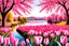 Placeholder: an English garden with pink tulips, pink, parma, or gold light effects colors, pink tulips, blooming trees, lake, highly detailed, high contrast, 8k, high definition, realistic, concept art, sharp focus