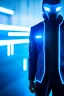 Placeholder: cyberpunk, neon blue, high technology, geometric figures, orbiting figures, cyberpunk suit, black and blue, epic, rain, neon blue suit, geometric figures orbiting around suit, exosuit, male