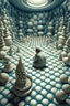 Placeholder: small man inside huge sea shells and on the floor is a huge chess board in the style of hiroku ogai