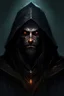 Placeholder: a dark hooded warlock with beard, black long hair, evil black eyes, dark paint face